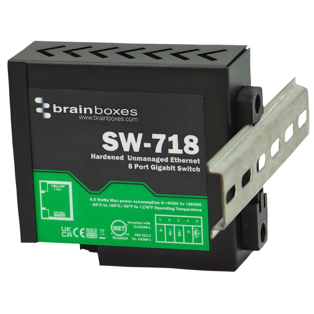 Brainboxes SW-718 industrial ethernet switch with din rail mounting bracket attached