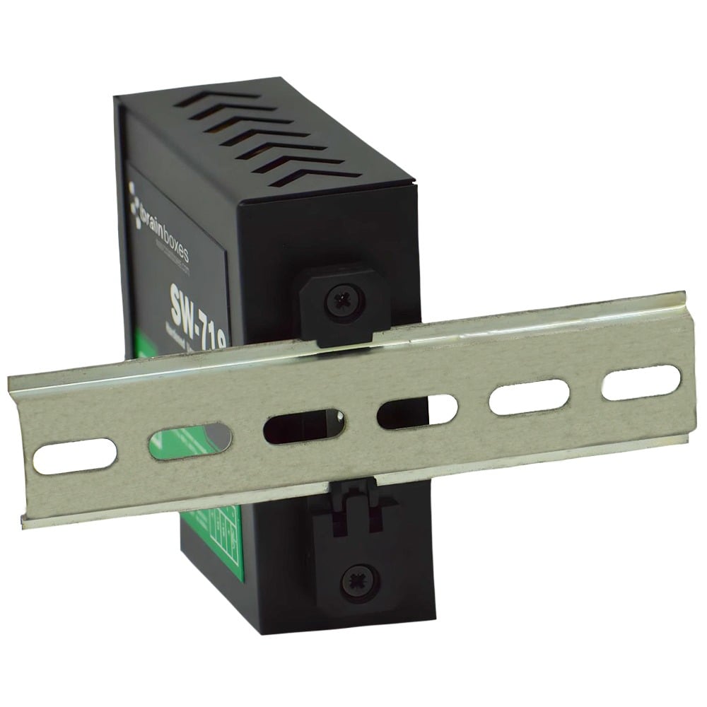 Brainboxes SW-718 industrial ethernet switch mounted on standard din rail mounting system