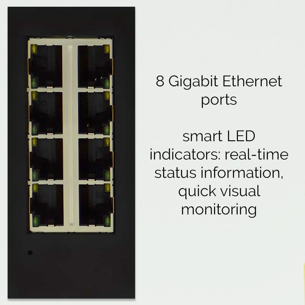 Brainboxes SW-718 front view showing eight gigabit ethernet ports with led status indicators