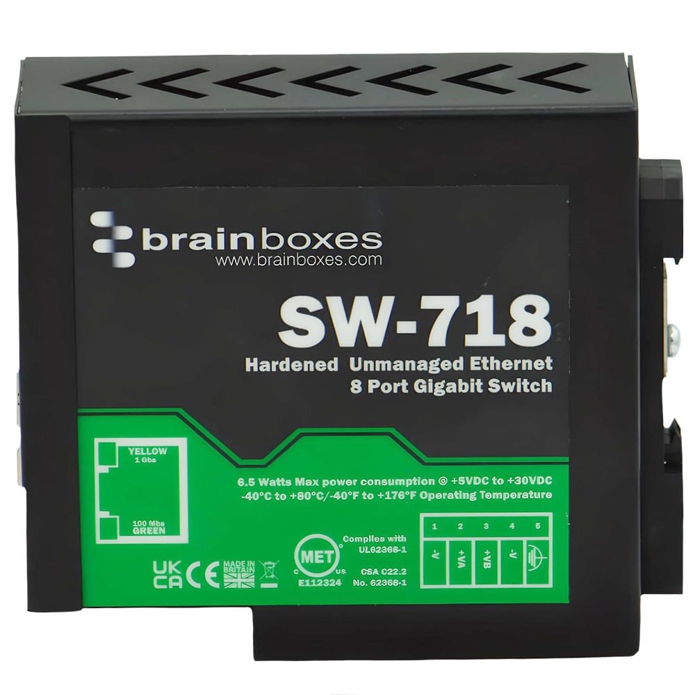 Brainboxes SW-718 industrial ethernet switch showing front panel with technical specifications and compliance markings