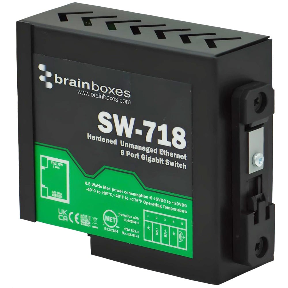 Brainboxes SW-718 hardened unmanaged ethernet switch with din rail mounting bracket and ventilation slots