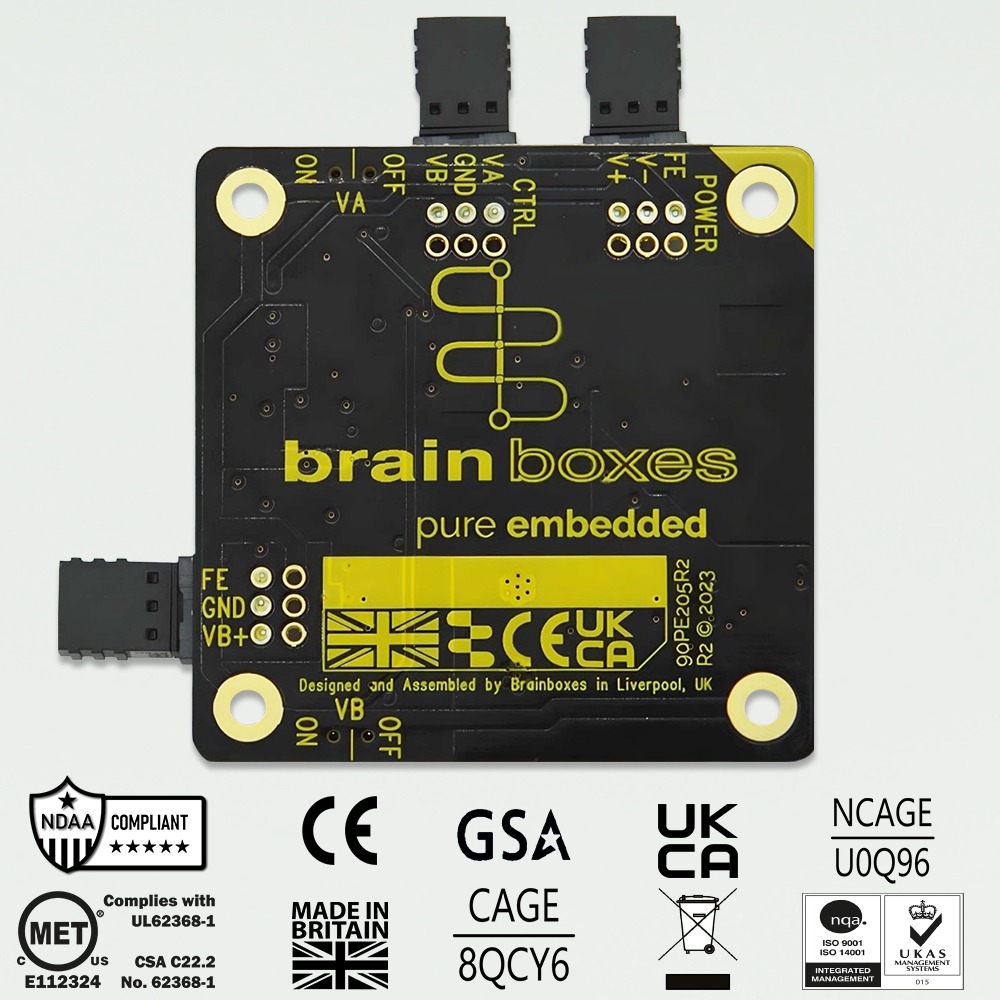 Brainboxes PE-205 industrial power supply module showing compliance certifications and regulatory approvals