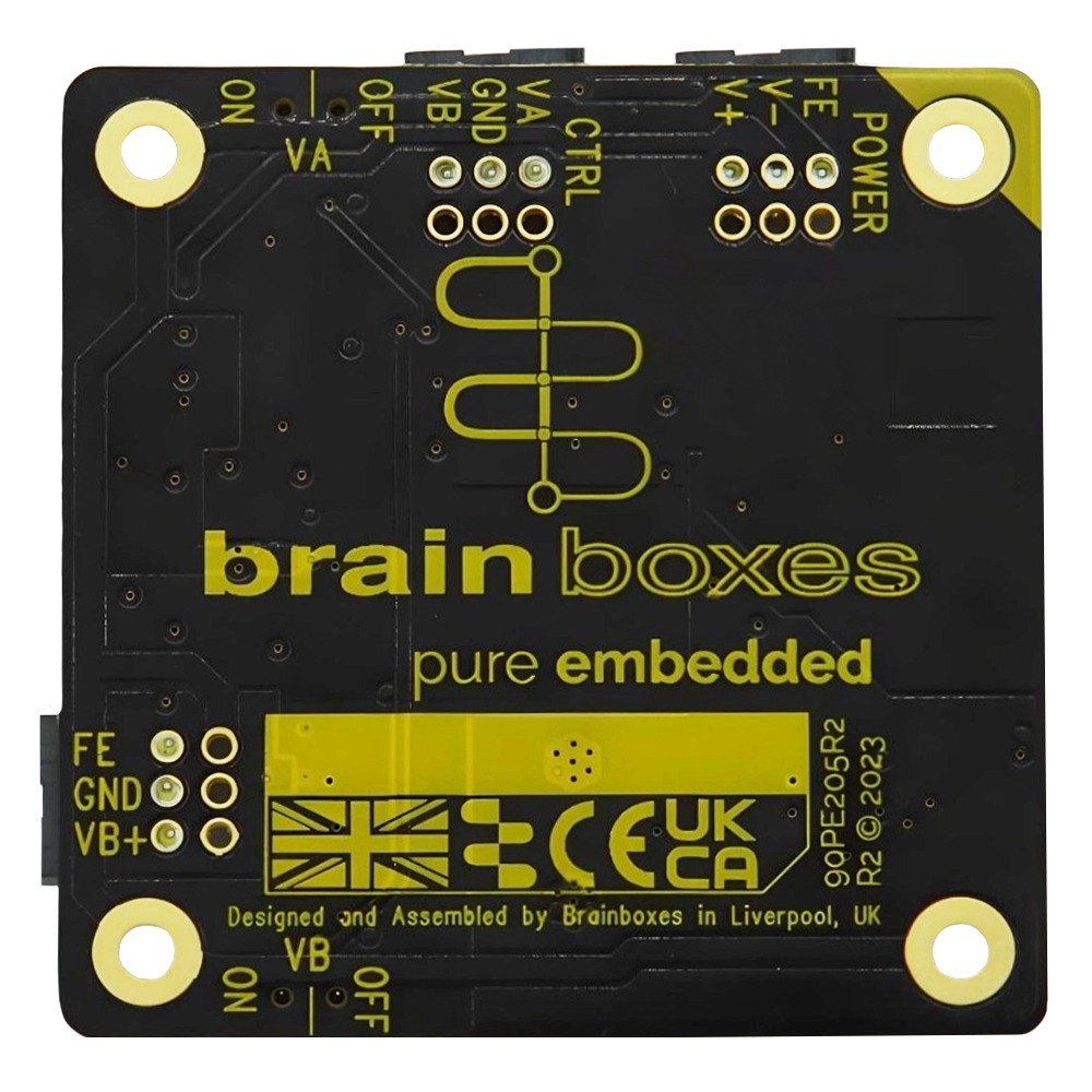 Brainboxes PE-205 back panel view showing ce ukca certifications and connection points