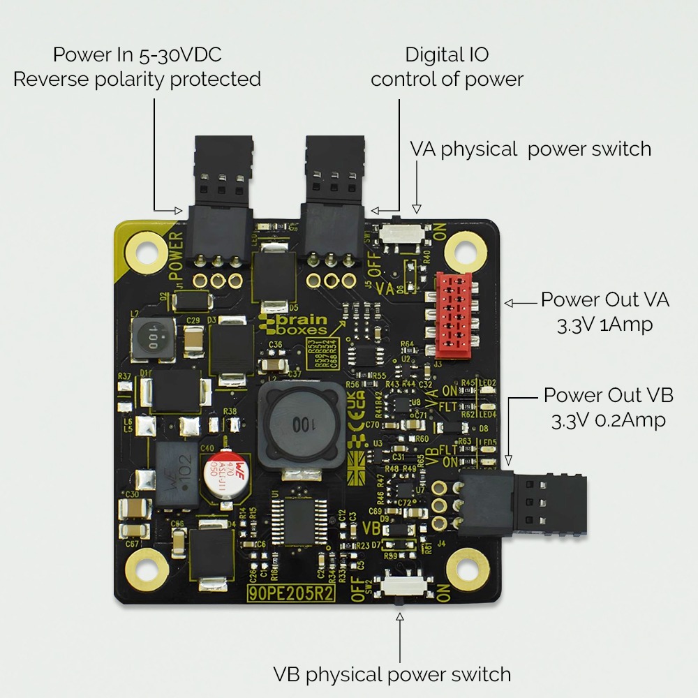 Brainboxes PE-205 industrial power supply module with labeled input output connections and switches