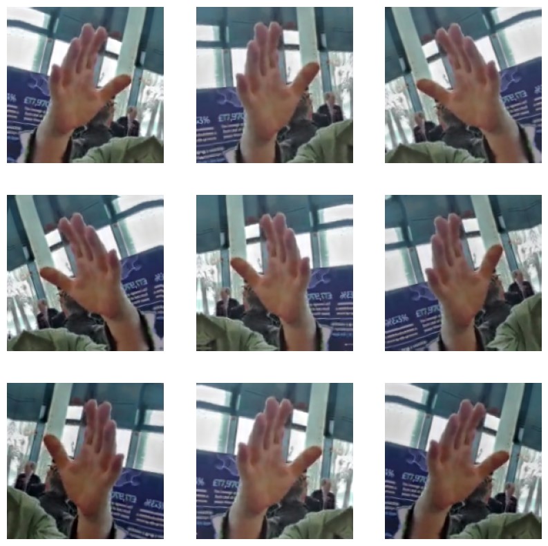 9 squares show human hand making 'paper' gesture