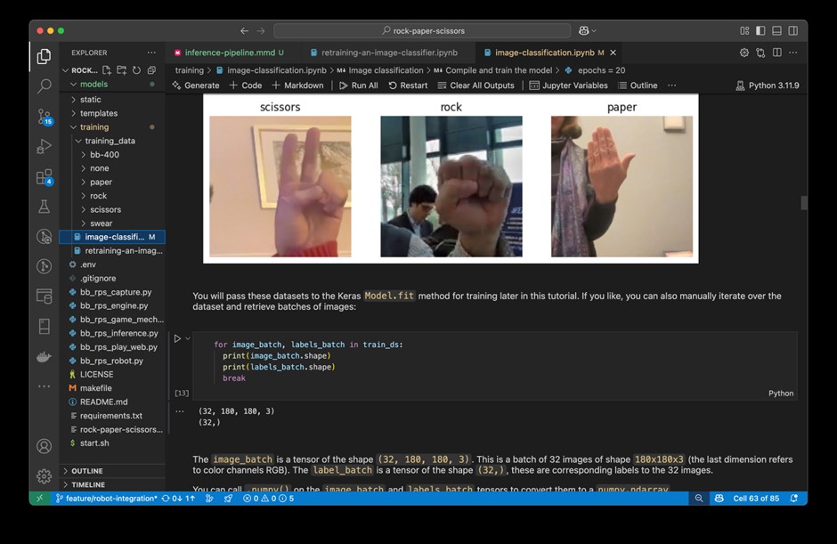 screenshot showing Jupyter Notebook code blocks under images of rock paper and scissors hand gestures
