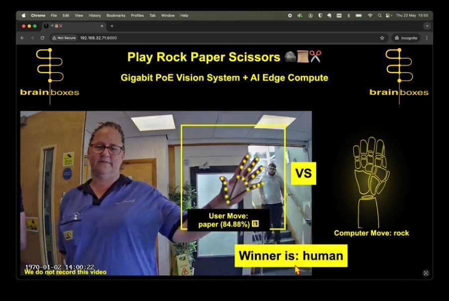 AI vision system demo game screen showing a player making the paper gesture and defined as the winner