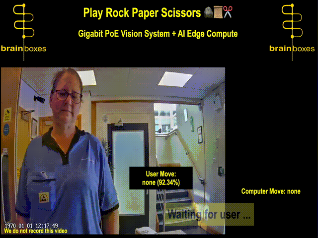 white female plays scissors gesture in rock paper scissors AI game