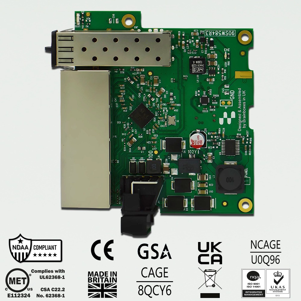 Brainboxes SW-184 industrial ethernet switch circuit board with compliance certification marks