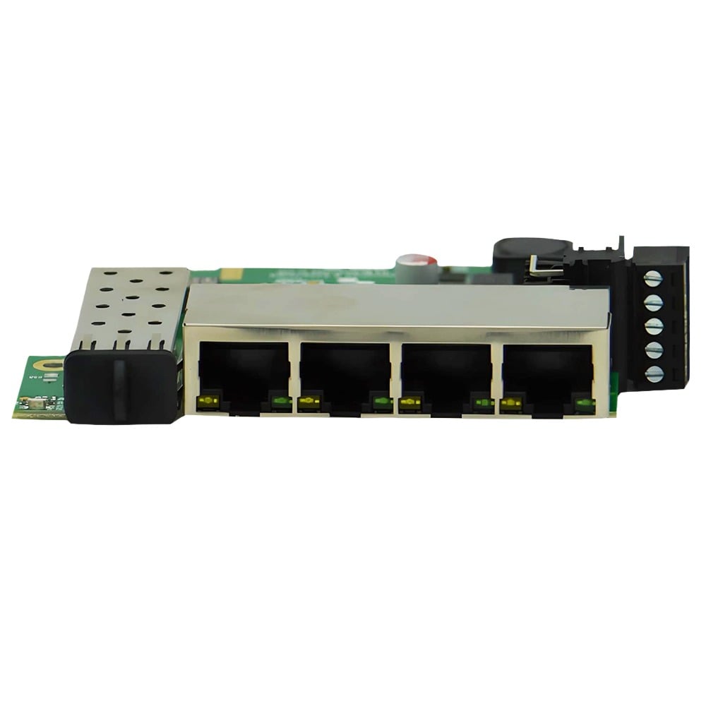 Brainboxes SW-184 industrial ethernet switch showing four gigabit ports and one sfp port