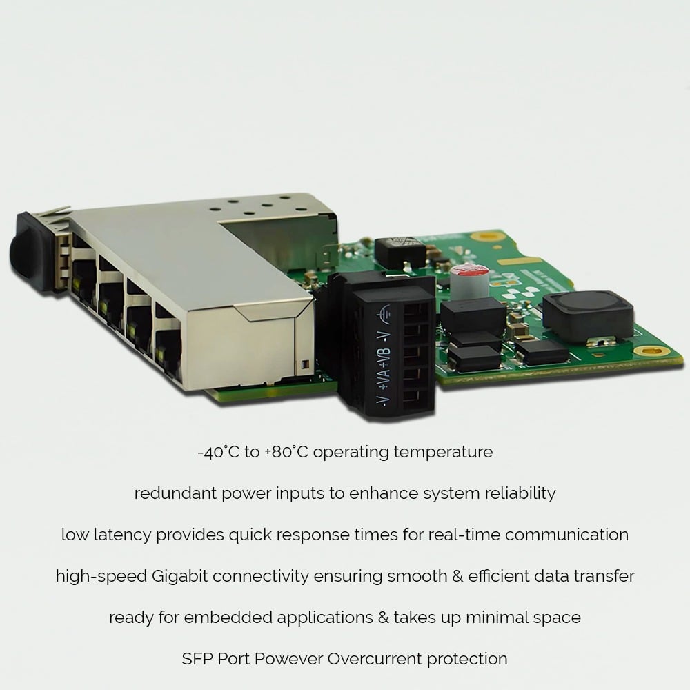 Brainboxes SW-184 industrial ethernet switch with sfp port and feature specifications overlay