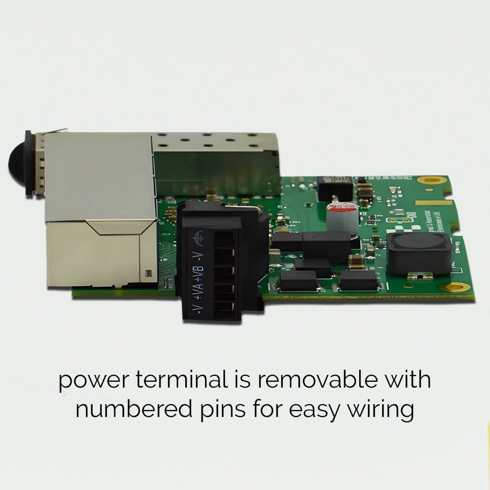 Brainboxes SW-184 industrial ethernet switch with removable power terminal showing numbered pins for wiring