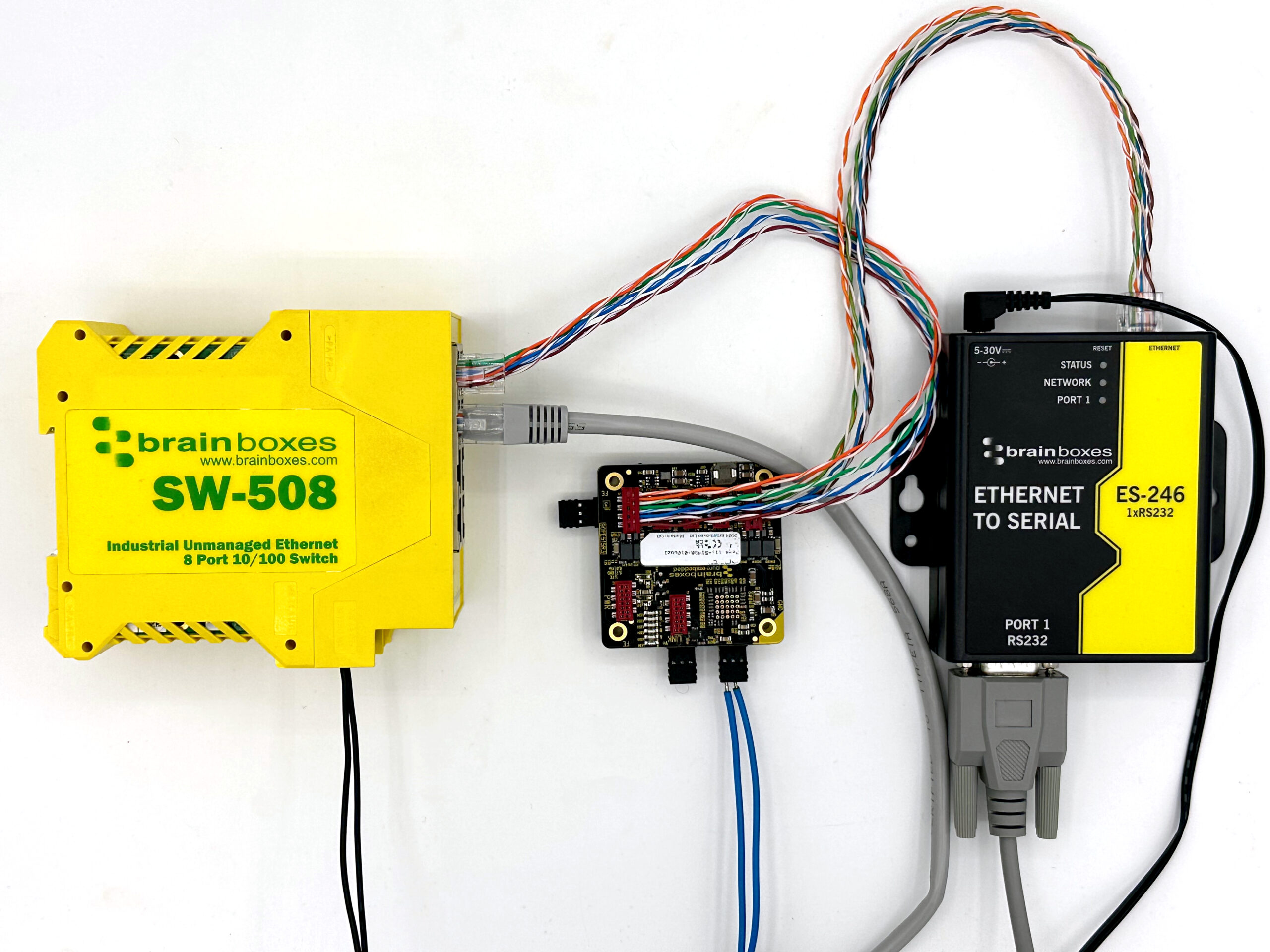 PE-515 Stacked on the PE-205. An SW-508 and ES-246 are shown too as an example of a network you can achieve.