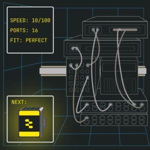 Graphic of a cluttered industrial cabinet with a network switch fotting neatly