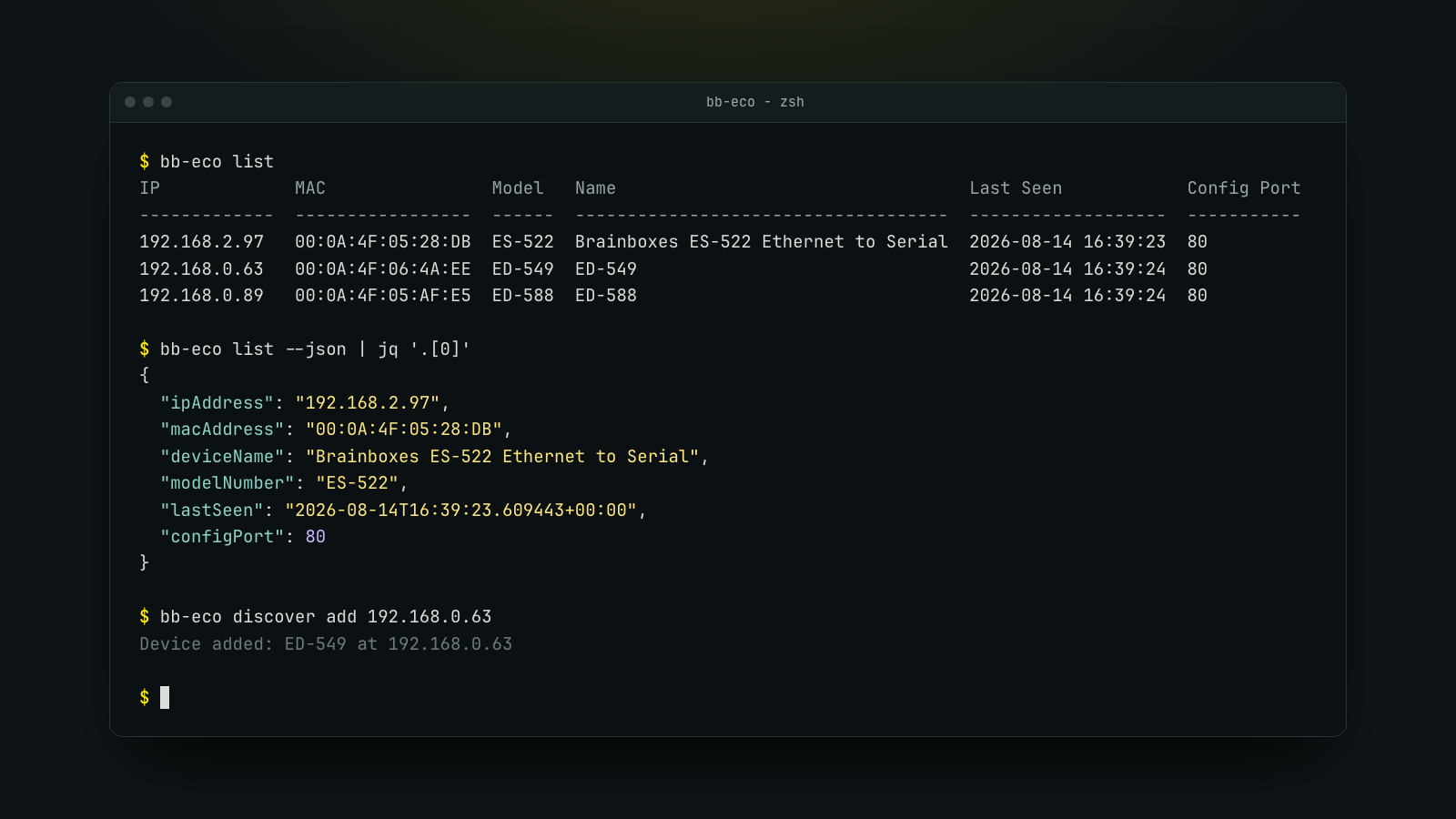 The bb-eco list command showing Brainboxes devices in a terminal